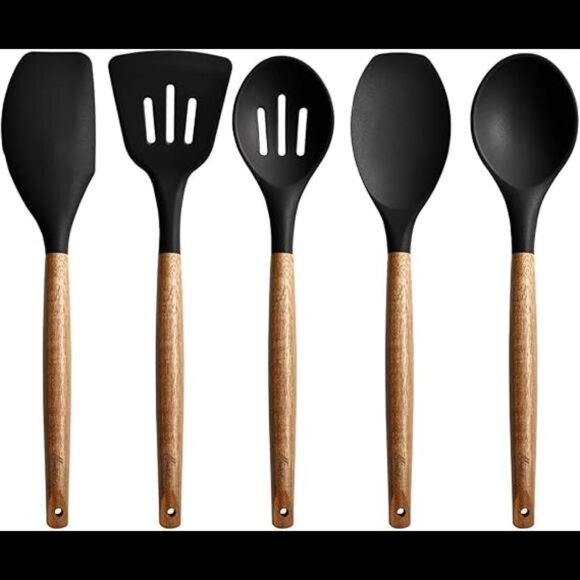 Non-Stick Silicone Kitchen Utensils Set with Natural Acacia Hard Wood Handle - Picture 7 of 7